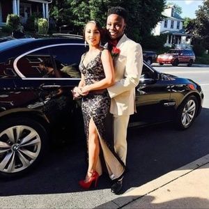 Black and tan lace prom/formal dress.